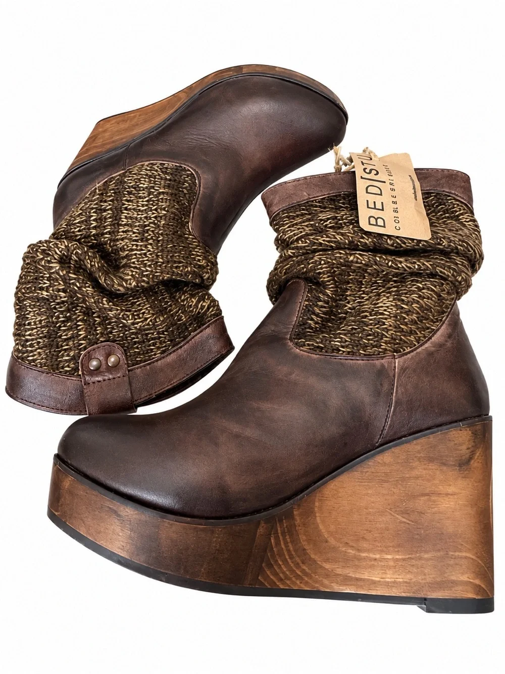 Bed Stu Brown Leather Wedge Boots with Knit Cuff